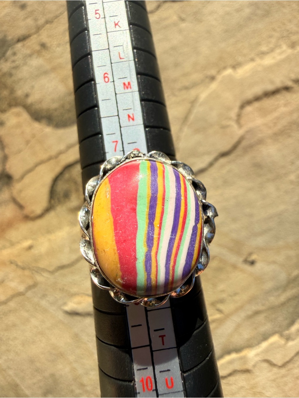 Rainbow Calsilica 925 Sterling Silver Ring Size 8.